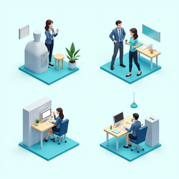 Illustration représentant les 4 types de clients de CosmAdvice : créateur, dirigeante PME, industriel et responsable conformité